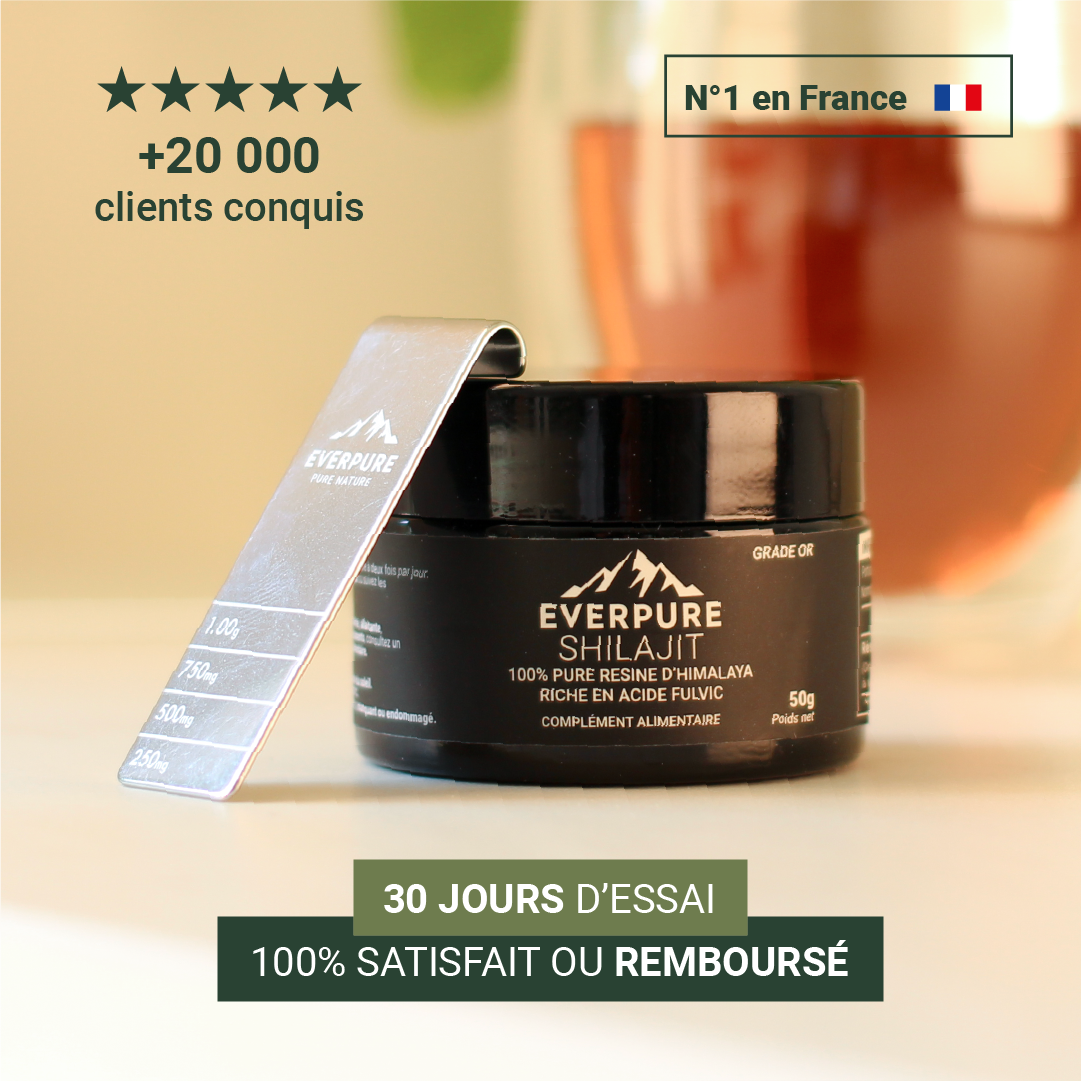 Complément naturel Shilajit EVERPURE avec doseur, apprécié pour ses bienfaits sur l’énergie, la clarté mentale et la confiance des utilisateurs.